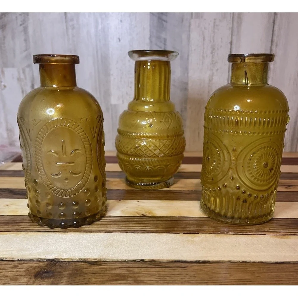 Vintage Set Of 3 Light Colored Amber Glass Bud Vases 5.5